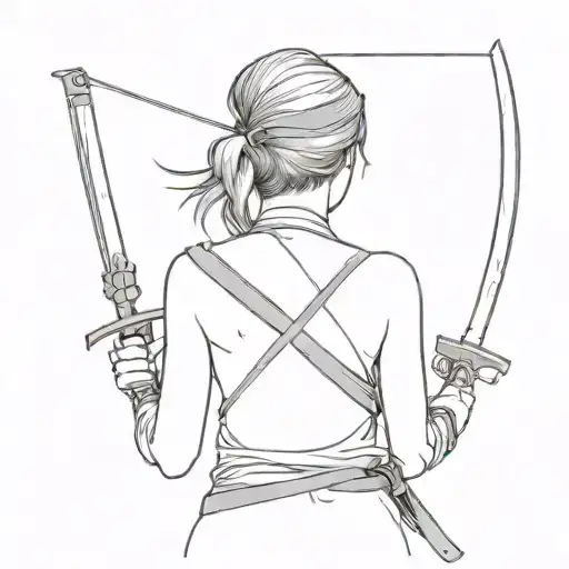 Girl with blindfold crying with a sword in her back tattoo design idea
