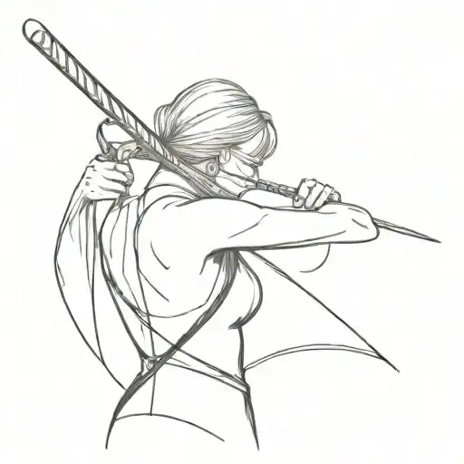 Girl with blindfold crying getting a sword in her back. Holding a balance weight  tattoo design idea