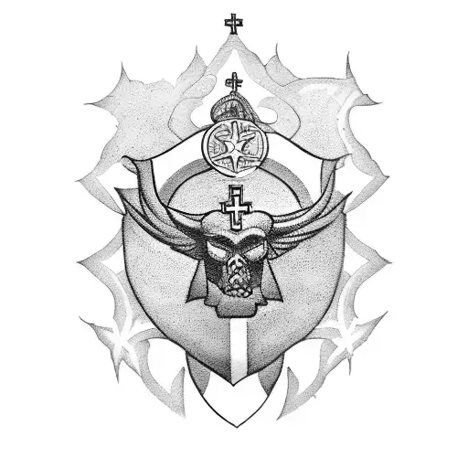 Create a tattoo design that incorporates military symbols and Christian imagery. tattoo design idea