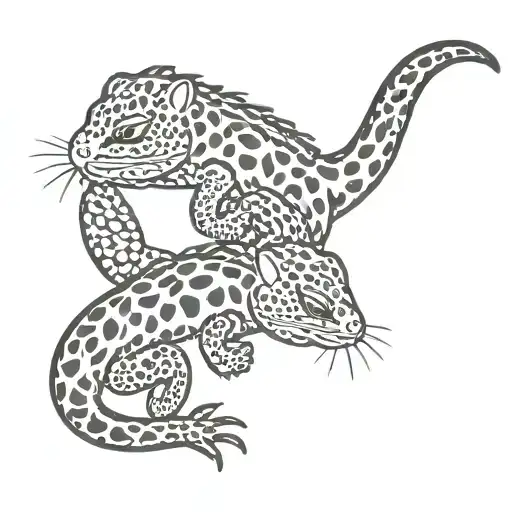 simplified unique shape small tattoo Two black leopard geckos in a top view, facing opposite directions with intertwined tattoo design idea