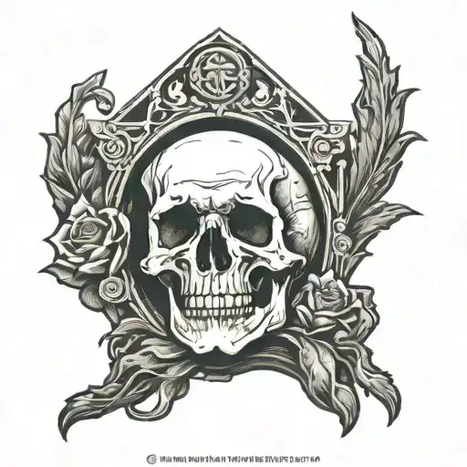 jesus' grave stone rolled away w skull as the tomb and  no teeth tattoo design idea