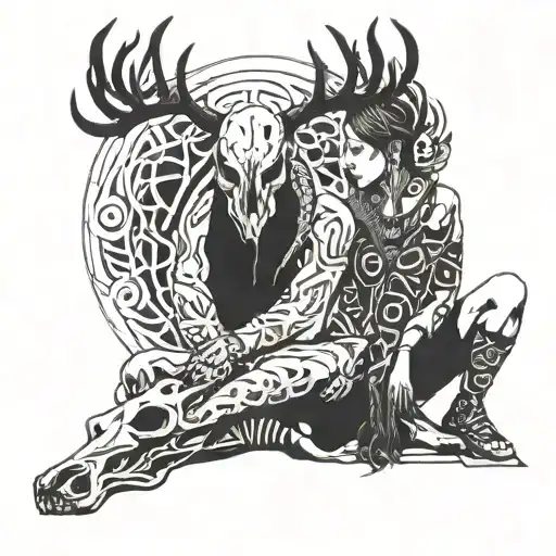 man with deer skull kneeling in front of girl sitting on ground tattoo design idea