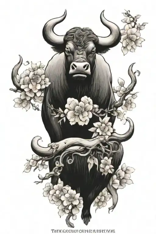 Chinese iron ox to symbolise my daughters birth. incorporate a Japanese flowers and blooming trees tattoo design idea