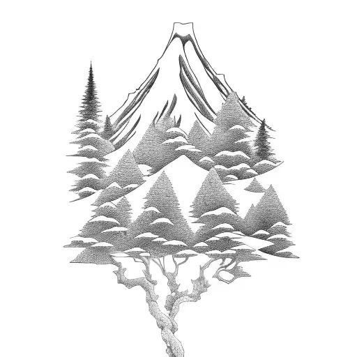 pine trees and Japanese ocean tattoo design idea