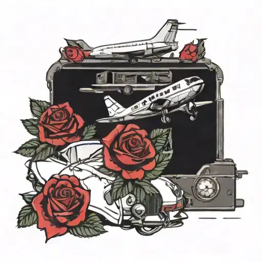 roses with and airplane and porsche 911  tattoo design idea