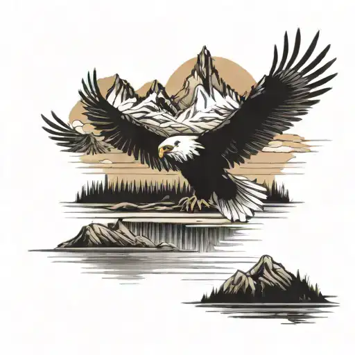 A sketch style tattoo of a majestic eagle soaring over a lake, with mountains in the background and a sunset sky tattoo design idea