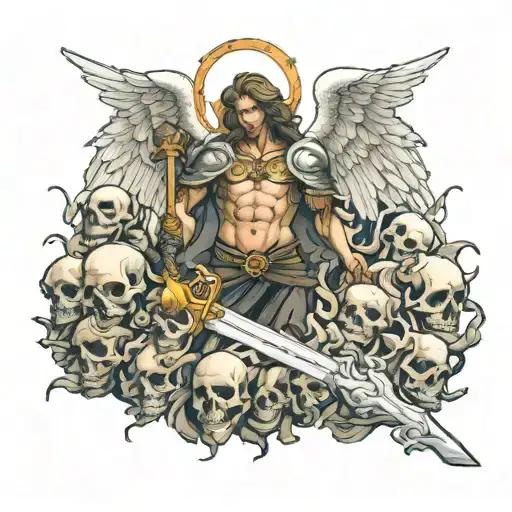 an angel holding a sword standing in a pile of skulls tattoo design idea