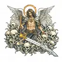 an angel holding a sword standing in a pile of skulls tattoo design idea