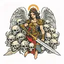 an angel holding a sword standing in a pile of skulls tattoo design idea