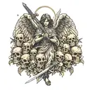an angel holding a sword standing in a pile of skulls tattoo design idea