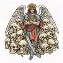 an angel holding a sword standing in a pile of skulls tattoo design idea