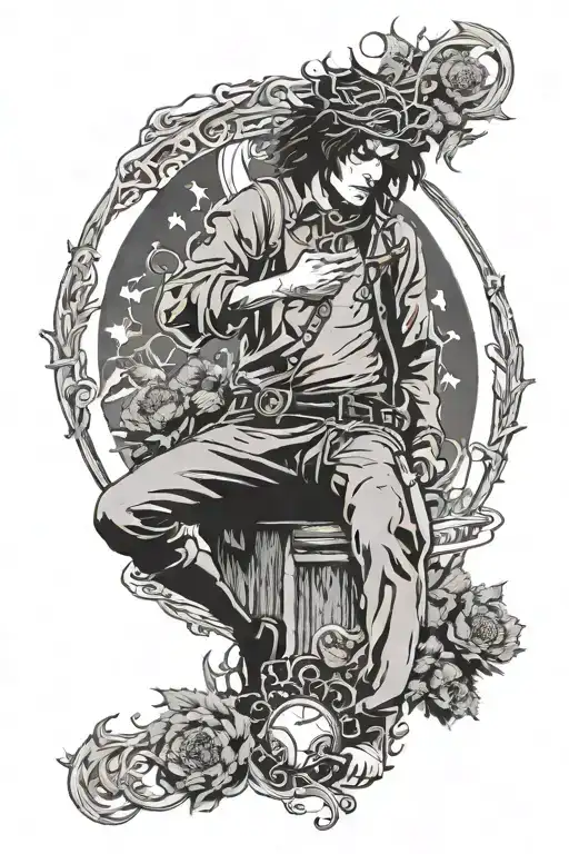 tarot hanged man without the card border. he is surrounded by thistles. he looks like howl from howl's moving castle tattoo design idea