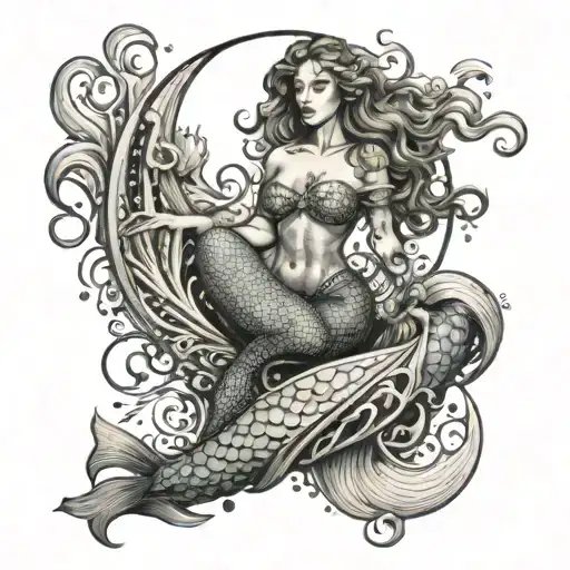 A sensual mermaid riding a wave, incorporating elements of gardening and rock music tattoo design idea