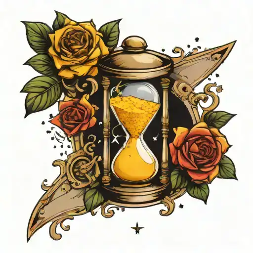 HOURGLASS WITH TOP PANE HAVING A YELLOW HALF MOON INSIDE AND BOTTOM PANE HAVING STARS AND SAND GRAINS  tattoo design idea