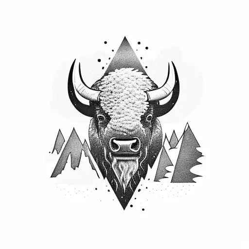 line , bison, mountain, water , landscape , three tattoo design idea