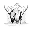 line , bison, mountain, water , landscape , three tattoo design idea