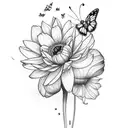 Butterfly above a bouquet with daffodil rose lotus and cosmos tattoo design idea