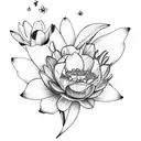 Butterfly above a bouquet with daffodil rose lotus and cosmos tattoo design idea