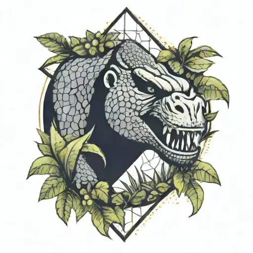 A geometric pattern incorporating elements of King Kong, a Tyrannosaurus Rex, a black mamba snake, and greenery, symbolizing the client's favorite things tattoo design idea