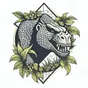 A geometric pattern incorporating elements of King Kong, a Tyrannosaurus Rex, a black mamba snake, and greenery, symbolizing the client's favorite things tattoo design idea