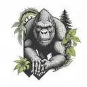 A geometric pattern incorporating elements of King Kong, a Tyrannosaurus Rex, a black mamba snake, and greenery, symbolizing the client's favorite things tattoo design idea