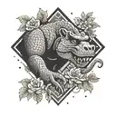 A geometric pattern incorporating elements of King Kong, a Tyrannosaurus Rex, a black mamba snake, and greenery, symbolizing the client's favorite things tattoo design idea