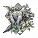A geometric pattern incorporating elements of King Kong, a Tyrannosaurus Rex, a black mamba snake, and greenery, symbolizing the client's favorite things tattoo design idea