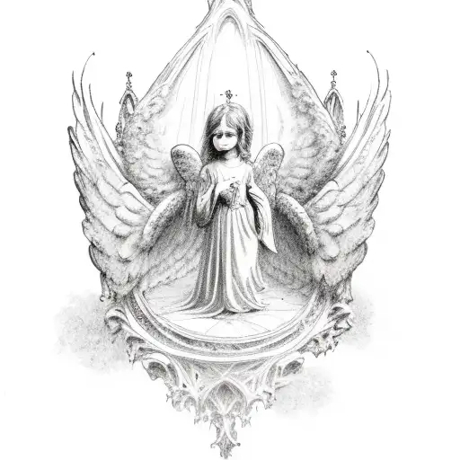 gothic cathedral scene with cherub angels tattoo design idea