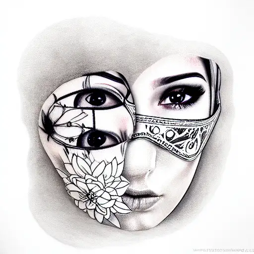 masked girl, thick black hair tattoo design idea