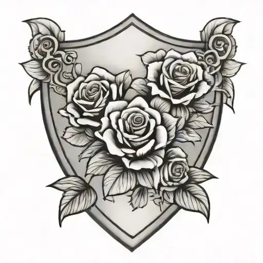 shield with three roses blooming tattoo design idea