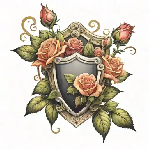 shield with three roses blooming tattoo design idea