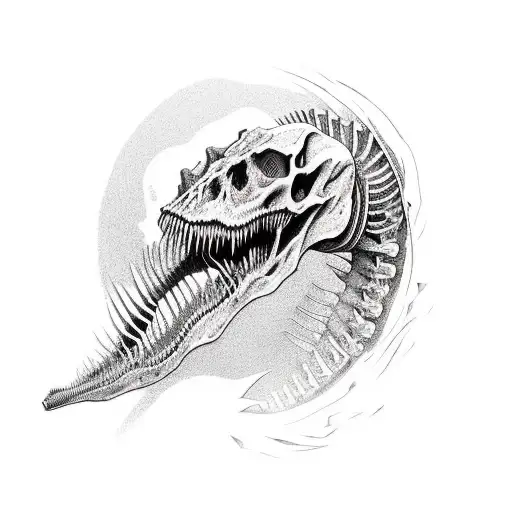 Create a tattoo of a spinosaurus skeleton surrounded by intricate floral patterns tattoo design idea