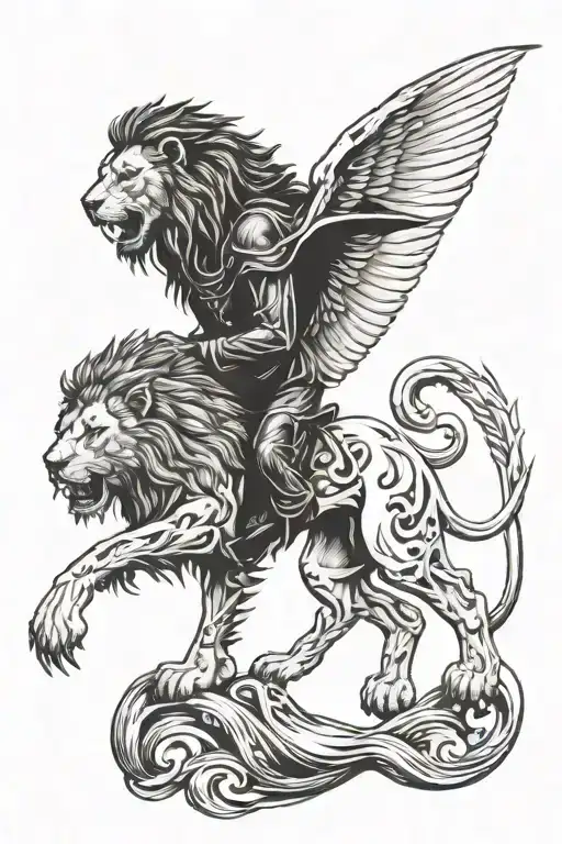 Lion Tattoo, roaring, standing with grim reaper and have wings, long and very dark tattoo design idea