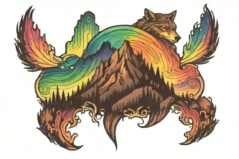 an aurora borealis that turns into a rainbow tattoo design idea