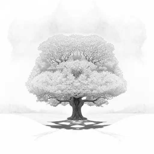 Oak tree with a path and a golf cart at the bottom of it. tattoo design idea