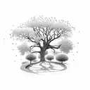 Oak tree with a path and a golf cart at the bottom of it. tattoo design idea