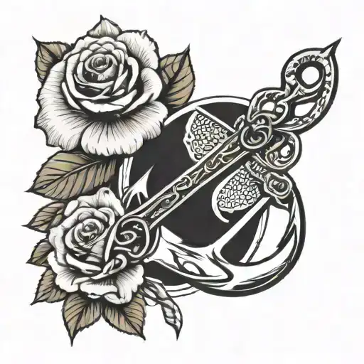 arm sleeve with a boat anchor, a rose and hairdressing scissors  tattoo design idea