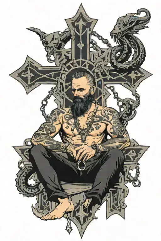 Sitting down cross cross Baphet holding a giant leviathan cross in his lap that has chains dangling from it tattoo design idea