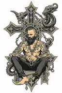 Sitting down cross cross Baphet holding a giant leviathan cross in his lap that has chains dangling from it tattoo design idea