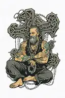 Sitting down cross cross Baphet holding a giant leviathan cross in his lap that has chains dangling from it tattoo design idea