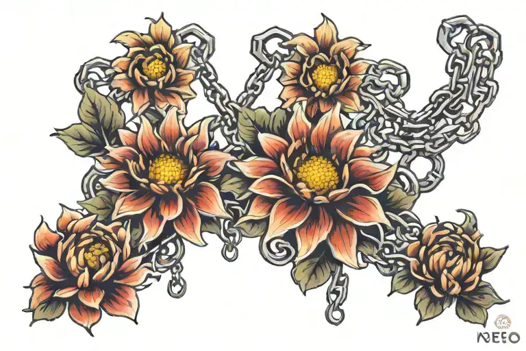 two crysanthemum facing each other chains wrapped tattoo design idea