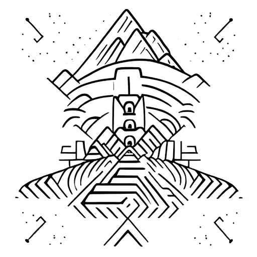 A traditional tattoo of Machu Picchu with a metal music twist, like a guitar made of stone tattoo design idea