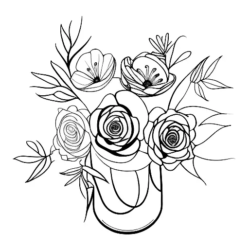 bouquet of fine line with the flowers of the birth months april, may, june, july, october, december tattoo design idea