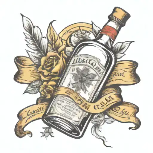 vodka bottle with ribbon that says "Last Call" date 3•25•24 below tattoo design idea