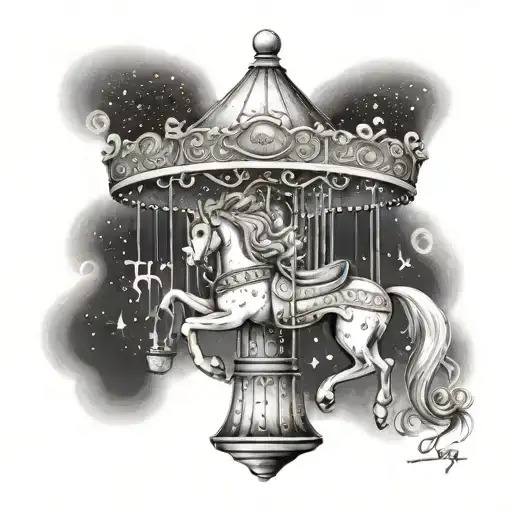 A whimsical carousel with let go written in elegant script, symbolizing finding joy in life's ups and downs tattoo design idea