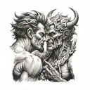 God and devil facing each other tattoo design idea