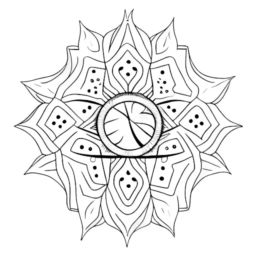 A dotwork tattoo of a palm tree with geometric patterns inside the leaves, with a crescent moon and stars hanging from one of the branches tattoo design idea