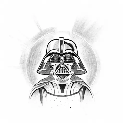 Darth Vader with red light saber and death star in background tattoo design idea