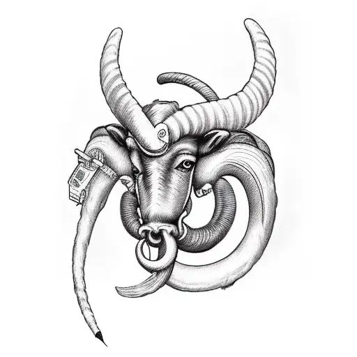 sock monkey riding an aries ram whilem stabbing it in the back with syringe tattoo design idea