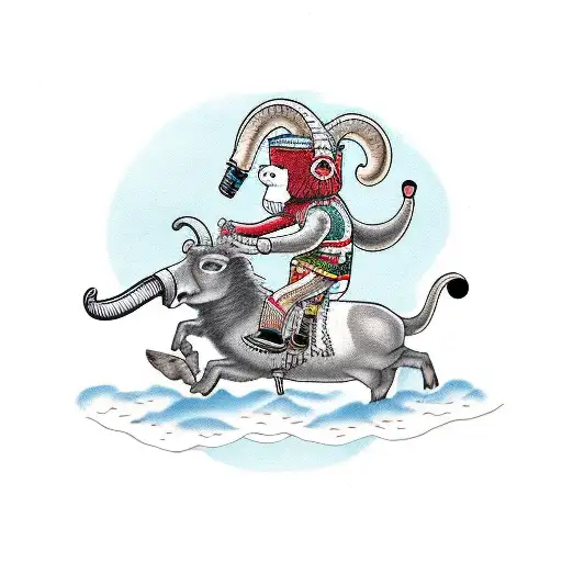 sock monkey riding an aries ram whilem stabbing it in the back with syringe tattoo design idea